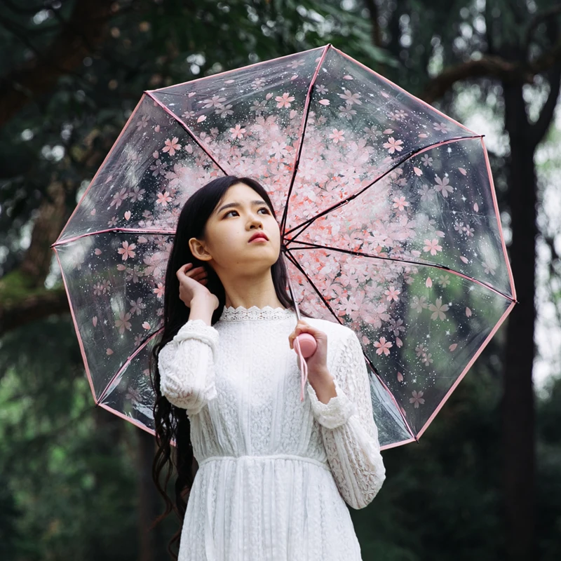 

Fancytime Transparent Umbrella for Women Kid Romantic Umbrella Sunny and Rainy Quality 3-Folding Classic Sakura Pattern Umbrella