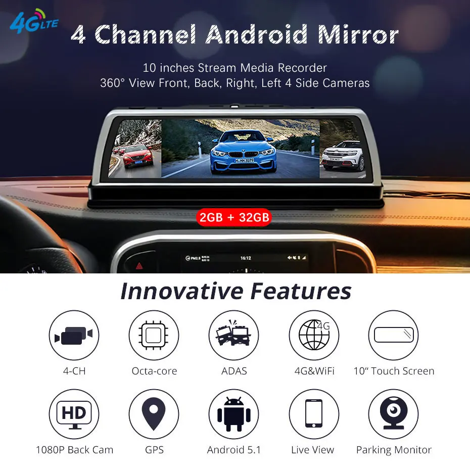 Olysine 360 панорамный 4 канала Видеорегистраторы для автомобилей ADAS WI-FI gps Dash Cam 1" сенсорный экран Android навигации Dashbord Камера диск видео Регистраторы