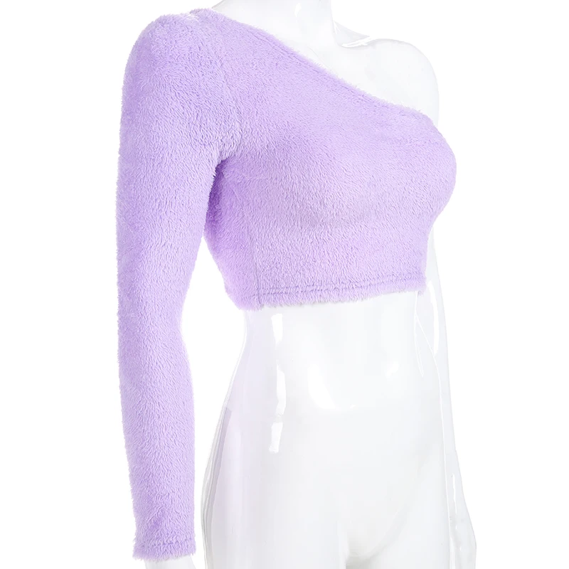 Sweetown, сексуальные топы на одно плечо для женщин, белая Асимметричная футболка для женщин, Фиолетовые женские футболки, повседневные кроп-топы с длинным рукавом