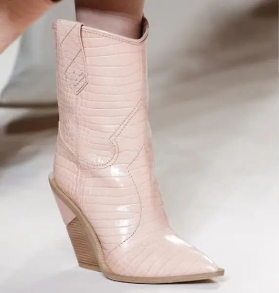 

2018 New Arrival European Genuine Leather Women Mid-calf Boots Pointed Toe Slip-on Wedges Western Boots Multi-colors Shoes Women
