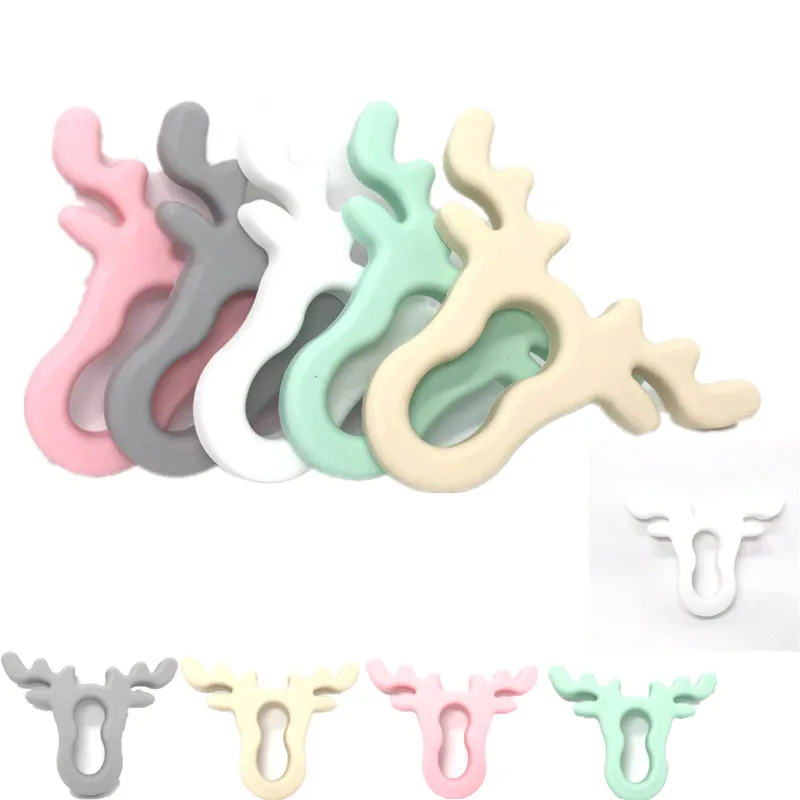 

5 PCS Elk Christmas Moose Pendants Silicone Deer Head Food Grade Teether DIY Nursing Necklace Teething Accessories Pendants