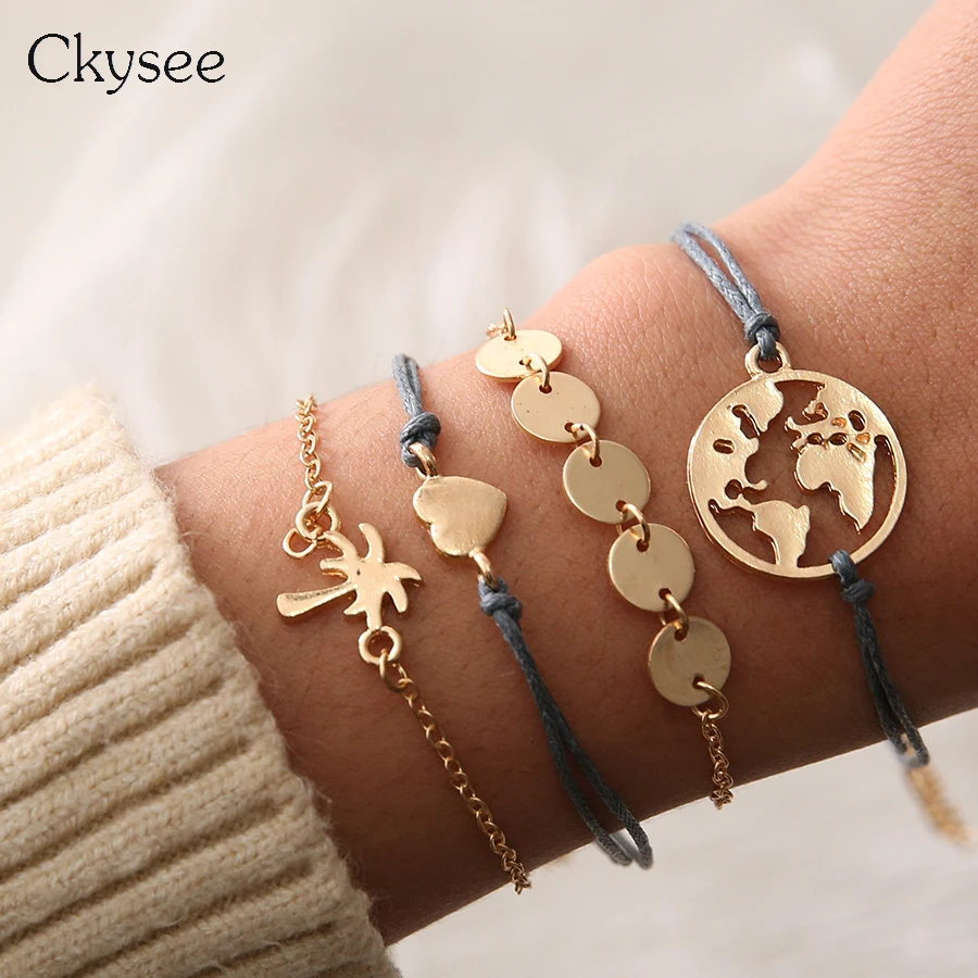 

Ckysee Boho Handmade Heart World Map Tree Charm Bracelet For Women 4Pcs/set Gold Color Bohemian Rope Chain Bracelet Bangles