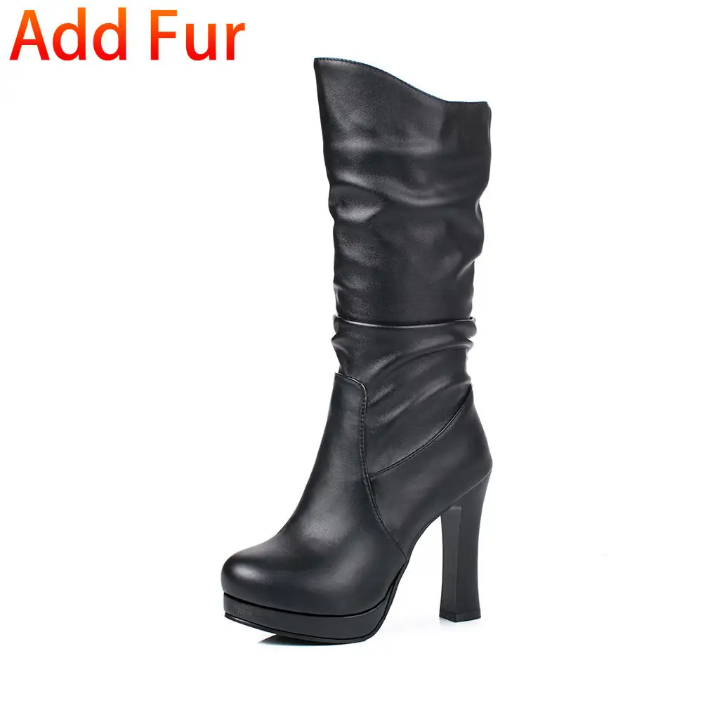 KarinLuna/осенне-зимняя обувь на не сужающемся книзу высоком массивном каблуке, большие размеры 33-43 женские ботинки женские сапоги до середины икры на платформе с мехом без застежки - Цвет: black with fur