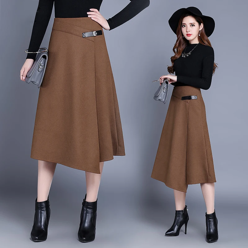 

High Waist Woolen Skirts Womens Winter 2019 Fashion Streewear Wool Long Pleated Skirt Elegant Casual Ladies Saia Longa Black