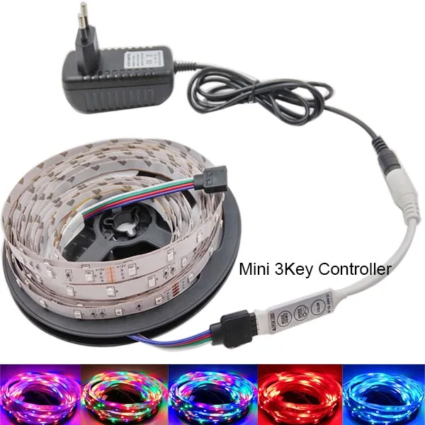 5 метров не водонепроницаемый RGB светодиодные полосы света SMD 2835 DC12V 60leds/м гибкий RGB освещения лента белый/теплый белый/синий в полоску - Испускаемый цвет: RGB mini 3key Set