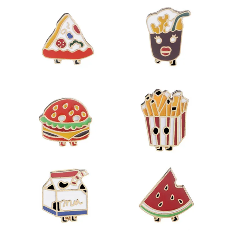 

6pcs/set French Fries Chips Cola Milk Watermelon Hamburger Pizza Brooch Button Pins Set Hard Enamel Pin Badge Food for Woman