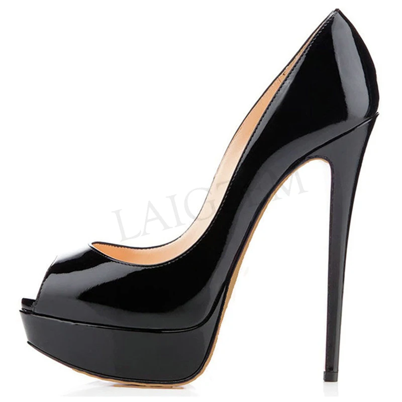 LAIGZEM/женские туфли-лодочки с открытым носком; Босоножки на платформе и каблуке-шпильке; свадебные модельные вечерние туфли без застежки на высоком каблуке; большие размеры 34-52 - Цвет: LGZ718 Black Patent