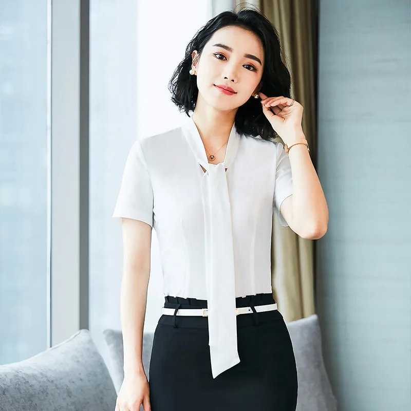 

Korean version of the summer new women's short-sleeved shirt chiffon white office interview professional temperament overalls