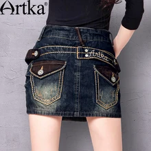 ARTKA, женская, Ретро стиль, ручная работа, плиссированная, с задними карманами, потертая, выбеленная, облегающая, хлопковая джинсовая мини-юбка-карандаш QN11422Q