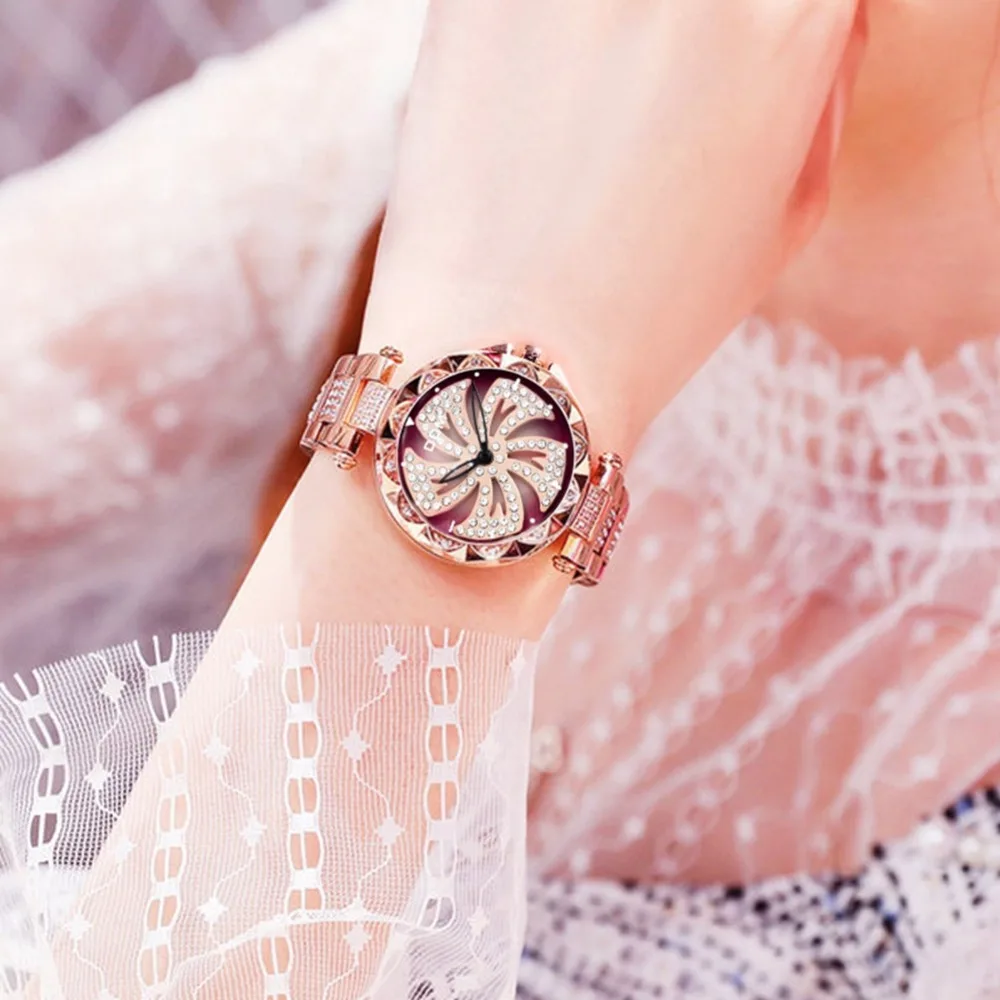 DOM женские часы, креативный вращающийся циферблат с цветком, роскошные бриллиантовые часы из розового золота, водонепроницаемые женские кварцевые часы, браслет G-1258GK-9MF