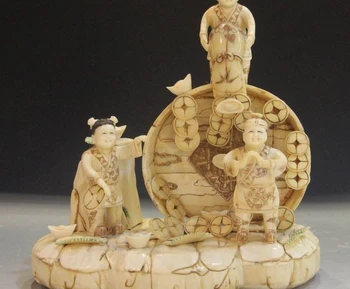 

China Cattle Bone Painted Handmade Carved Yuan Bao Wealth Money Kid Boy Statue