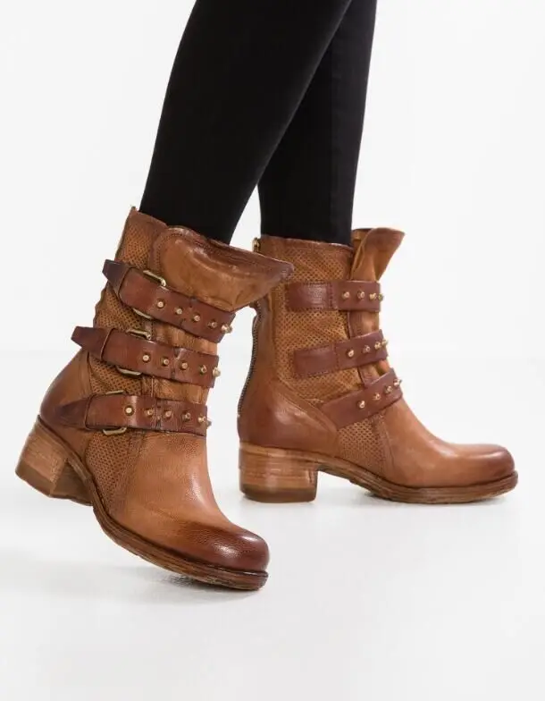 

Autumn winter faux leather boots women mid heels zipper vintage martin boots buckle strap platform ladies shoes plus size botas