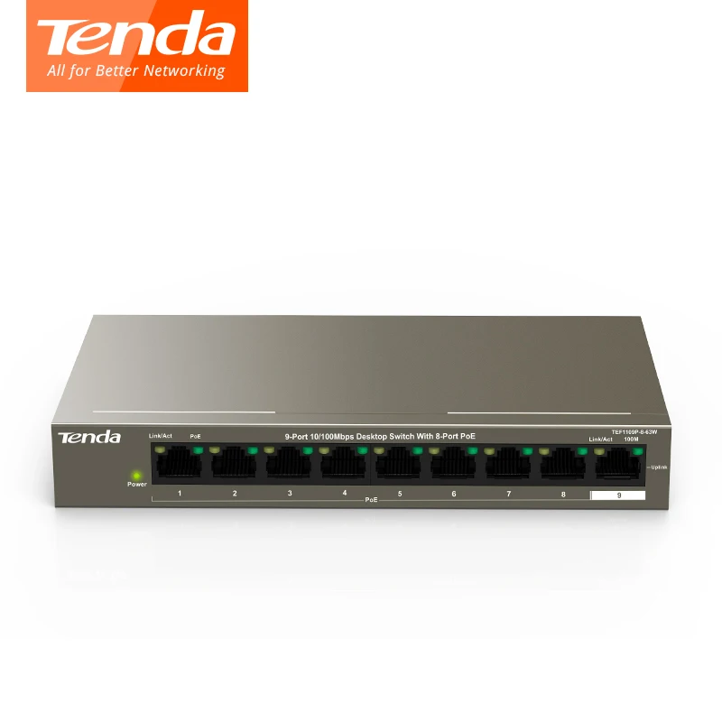 Tenda TEF1109P 8 63W POE коммутатор быстрый Ethernet полный дуплекс 10/100 Мбит/с 1 Гбит/с емкость 58