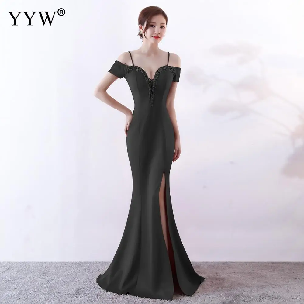 

New 2020 Elegant Long Mermaid Party Dress Women Off Shoulder Lace Up Sexy Evening Dress Side Slit Beading Maxi Prom Formal Dress