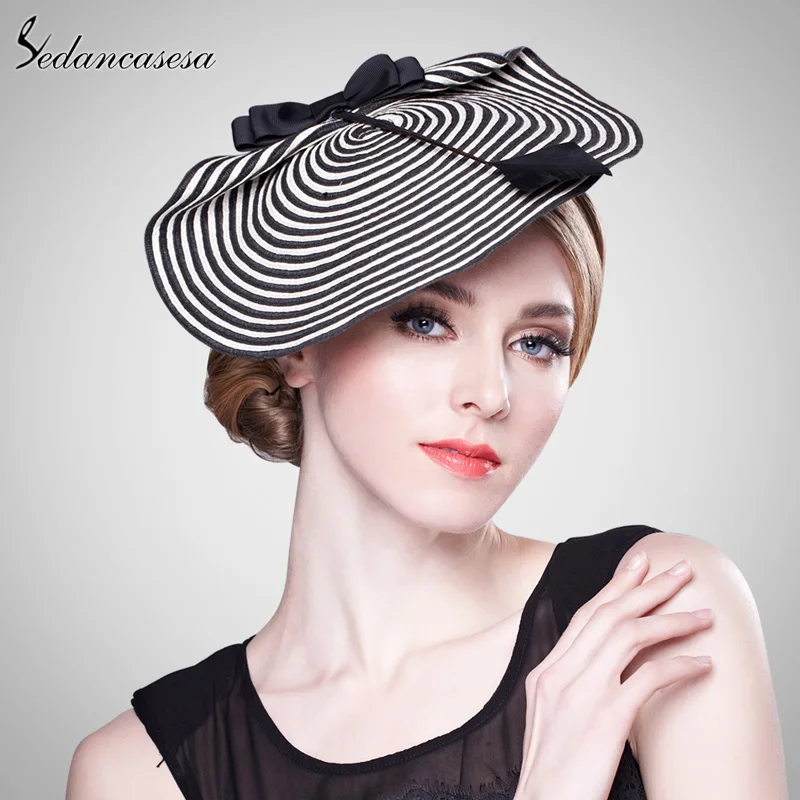 Sedancasesa British Style Bowknot Black and White Striped Fascinator Bridal Hats Clip For Women