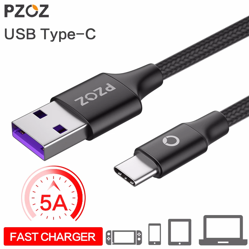 

PZOZ 5A USB Type C Cable Fast Charging Type-C USB C For Huawei P20 P10 P9 Mate 20 Pro 10 Nova 2s xiaomi Charger USB-C data Cord
