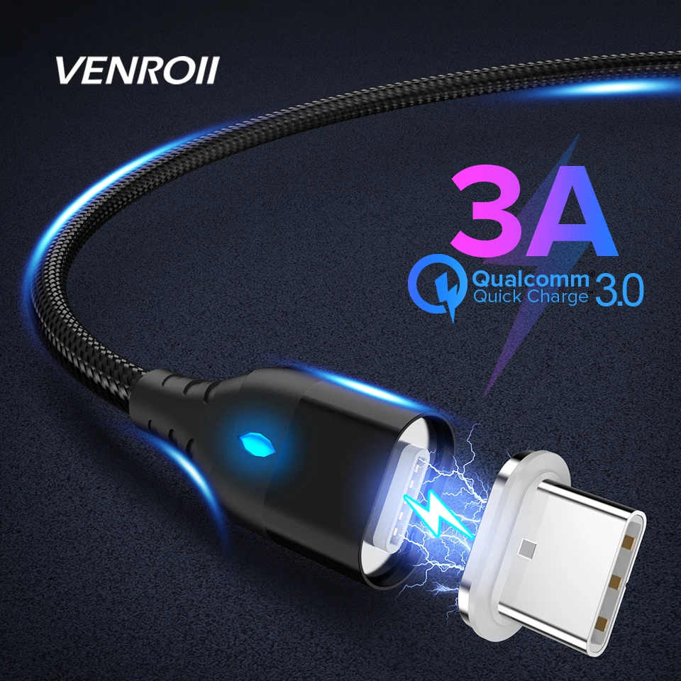 Магнитный кабель Venroii 3A Micro USB Type C быстрая зарядка магнитное зарядное устройство