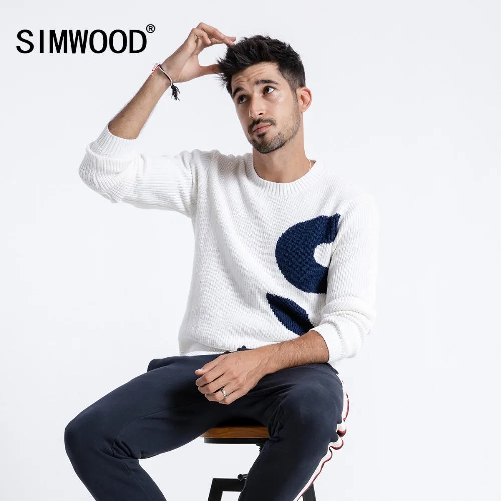 SIMWOOD 2019 الشتاء سترة الرجال محبوك البلوفرات الرجال الأزياء التباين اللون إلكتروني المطبوعة Sueter هومبر العلامة التجارية البلوزات 180594