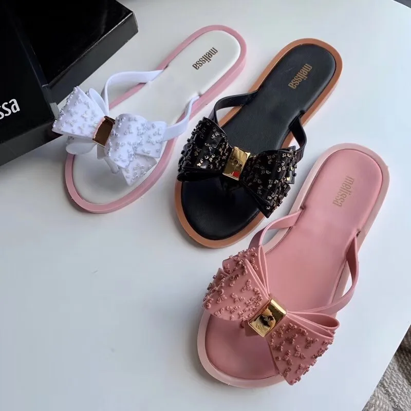 Mini Melissa/оригинальная обувь; бразильский бантик; Новинка года; женские шлепанцы; брендовая прозрачная обувь; Melissa; женская прозрачная обувь