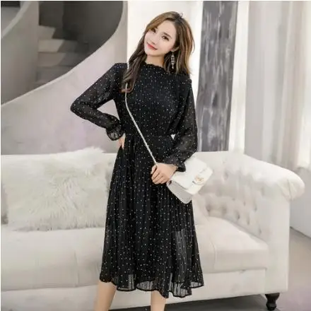 

Polka Dot Dresses Hot Sales Women 2019 Autumn Basic Wear Korean Style Design Temperament Lady Black Chiffon Vintage Dress LJ305