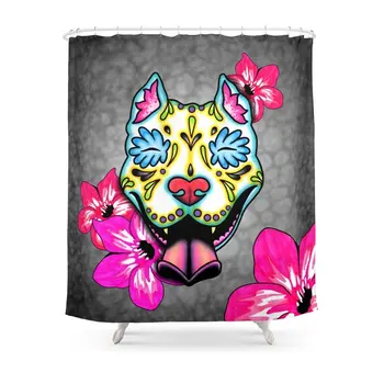 

Slobbering Pit Bull Day Of The Dead Sugar Skull Dog Shower Curtain Bath Products Bathroom Decor with 12 Hooks Waterproof