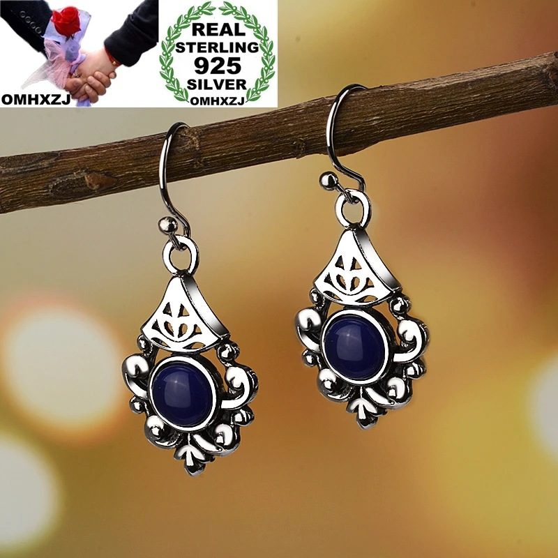 

OMHXZJ Wholesale European Fashion Hot Woman Party Birthday Wedding Gift Vintage Sapphire 925 Sterling Silver Drop Earrings EA531