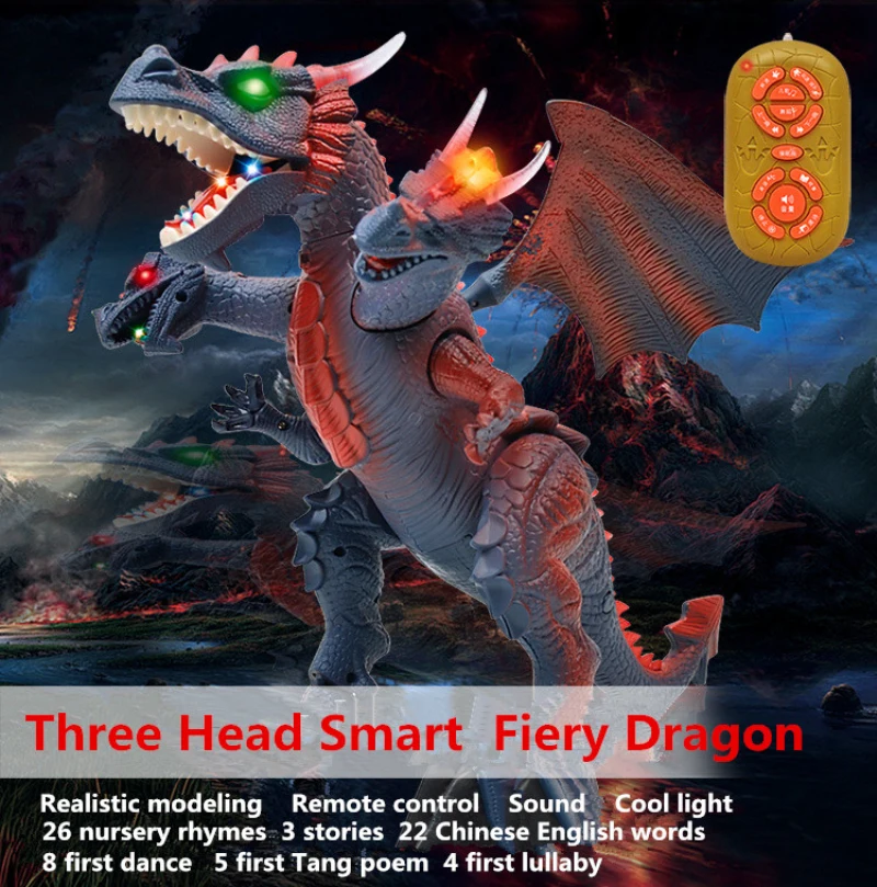 Educação Infantil Crianças Brinquedo Som Luz Dança História Controle Remoto Elétrica Andando Dinossauro Três Cabeça Dragão rc 10 Cheap Animais eletrônicos