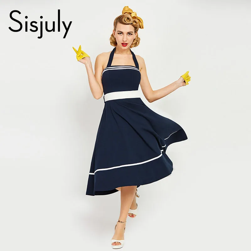 

Sisjuly women vintage dress 1950s nautical style bowknot belts retro beach dresses summer navy sleeveless female vintage dresses