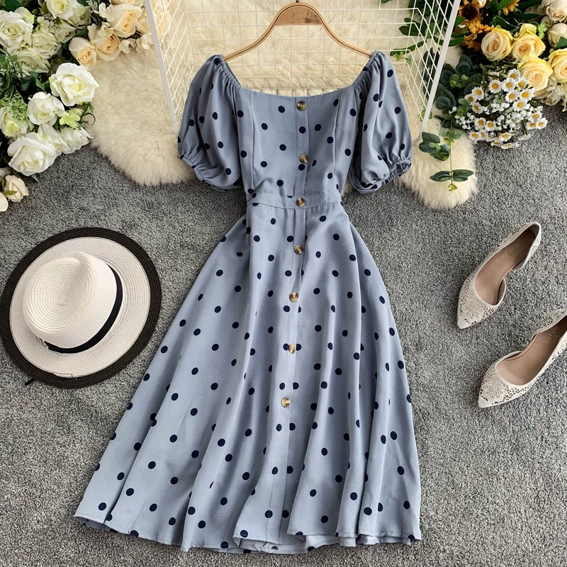 

Vintage Dot Print Dress Women High Waist Square Collar Puff Sleeve Dresses 2019 Summer Casual A-line Female Midi Dress