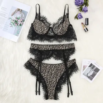 

New Women's Lace Leopard Sous Vetement Femme Sexy Ensemble Three-piece Set Transparent Bra with Garter Underwear Gift for Lover