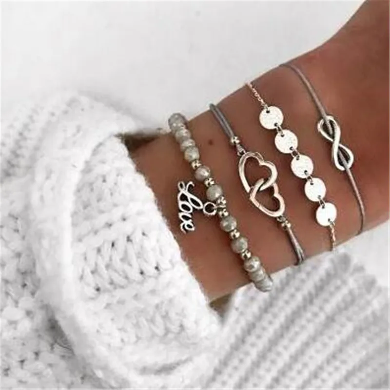 Ahmed Bohemian Handmade Heart Beads Bracelets Sets for Women Fashion 4pcs/set Rope Chain Bangles Jewelry Gifts | Украшения и