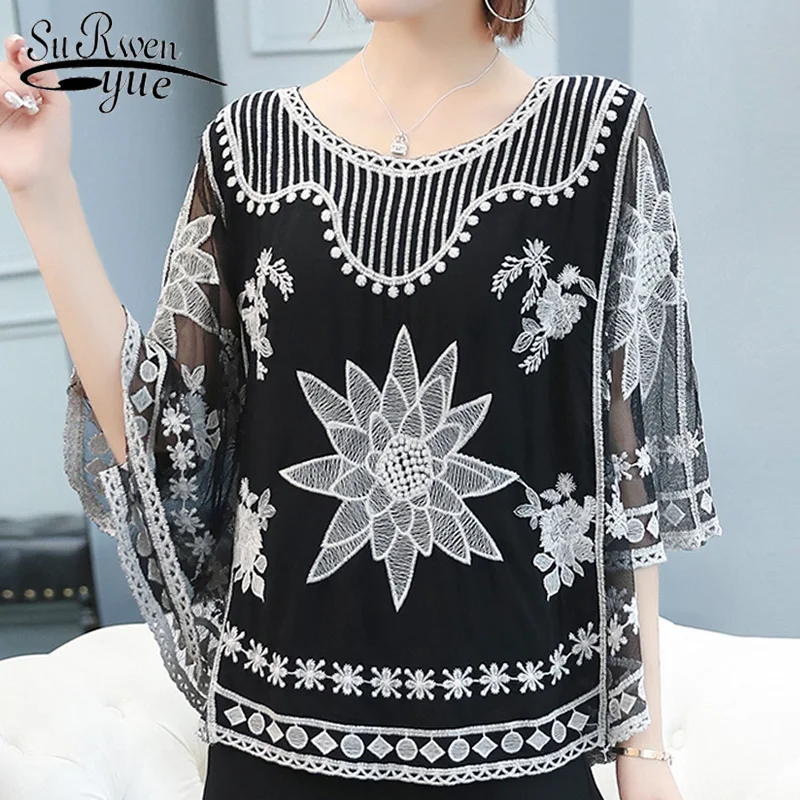 

women clothes 2019 summer blouse Women shirts Batwing sleeve embroidery white black Lace blouse womens tops and blouses 4012 50