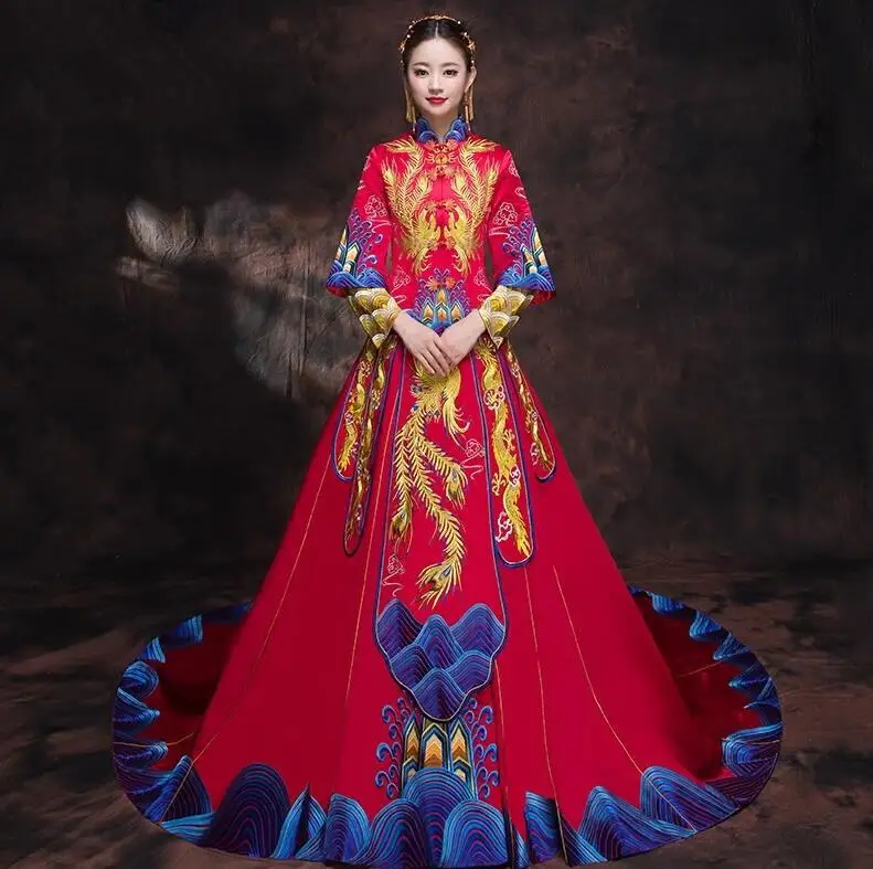 train dress Китайская традиционная одежда невесты pratensis стильное свадебное платье женское платье с драконом тонкое cheongsam пара красное вечернее платье - Цвет: train dress