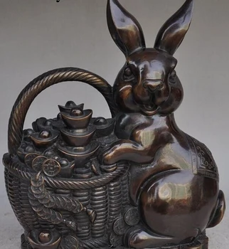 

WBY 930++++11"chinese bronze auspicious wealth money hare rabbit Bunny Statue sculpture