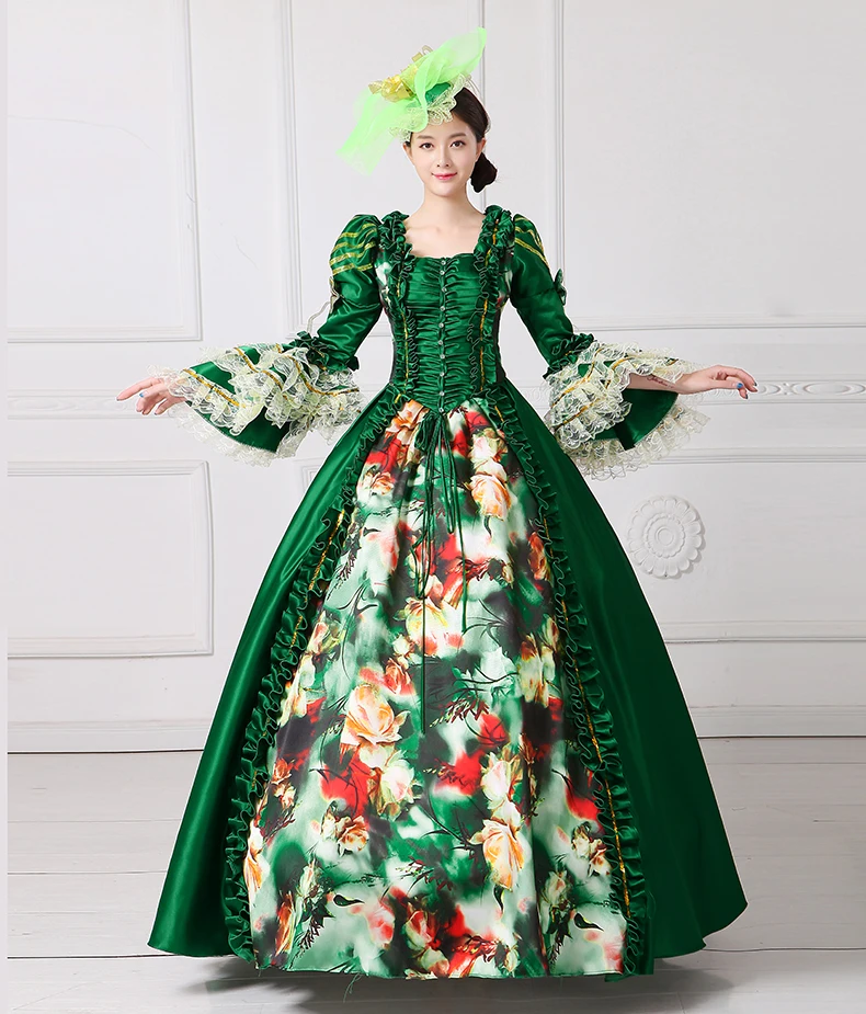 Королевский Зеленый с цветочным принтом платье Антуанетты Marie средневековой Civil War Southern Belle Бальные платья для женщин Reaction одежда