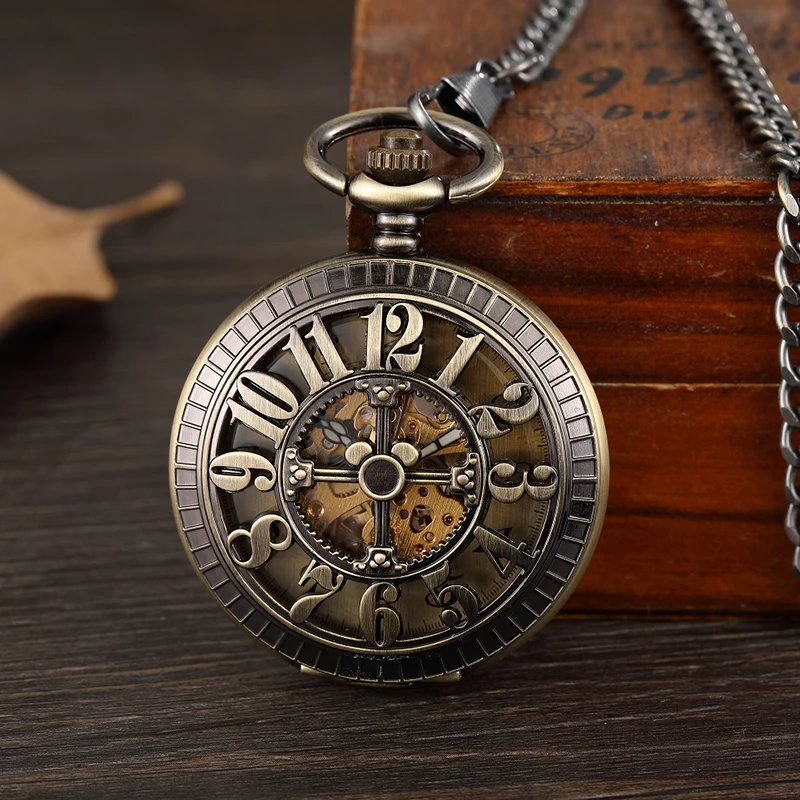 12 часов Дисплей Механические карманные часы арабские цифры с ручным подзаводом стимпанк Скелет Цепочки и ожерелья часы Сеть Для мужчин Для