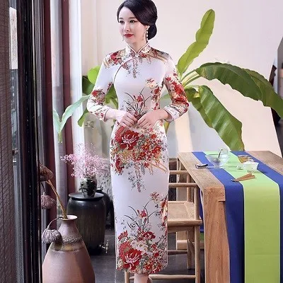 S-6XL платья в восточном стиле с длинным рукавом Qipao халат Chinoise среднего возраста банкет традиционное китайское платье мама Cheongsam Плюс - Цвет: white