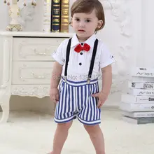 Летние хлопковые комплекты одежды для детей Топы в джентльменском стиле+ штаны в полоску Одежда для маленьких мальчиков Одежда для детей от 6 до 32 месяцев