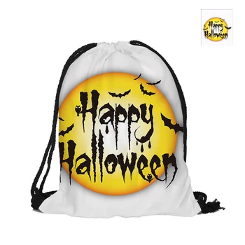 

Happy Halloween Day Drawstring Backpack Full Moon And Bat Double Sided Printing Polyester Pouch Backpacks For Travel And School