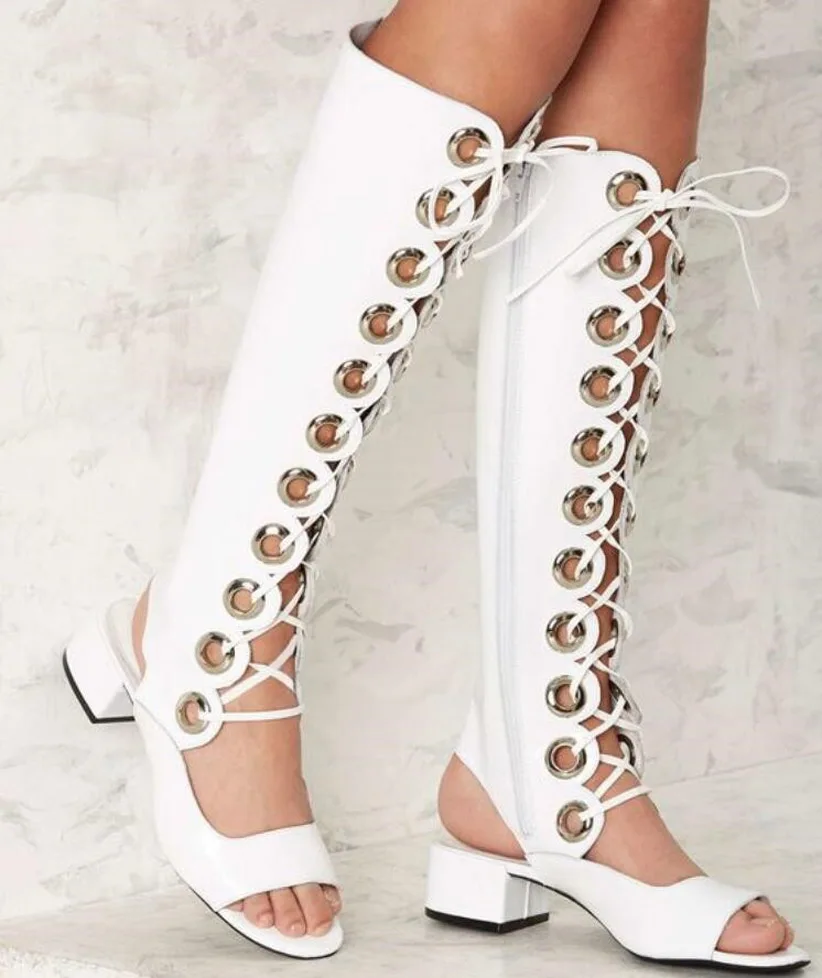 

New Ladies White Grommet Cross-tied Sandals Boots Med Chunky Heel Rome Style Long Tube Knee High Boots Summer Sexy Women Botas