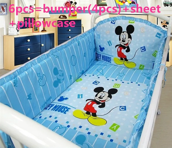 ФОТО Promotion! 6PCS Mickey Mouse Cot bedding / baby crib bedding sets/ baby bedding sets ,include:(bumper+sheet+pillow cover)