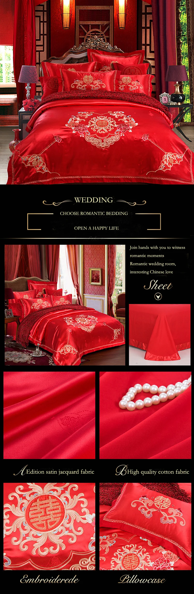 2018 luxury bedding set king size cotton romantic love wedding bed cover festive embroidery duvet cover bed sheets 4pcs red bed linen drap de lit 9