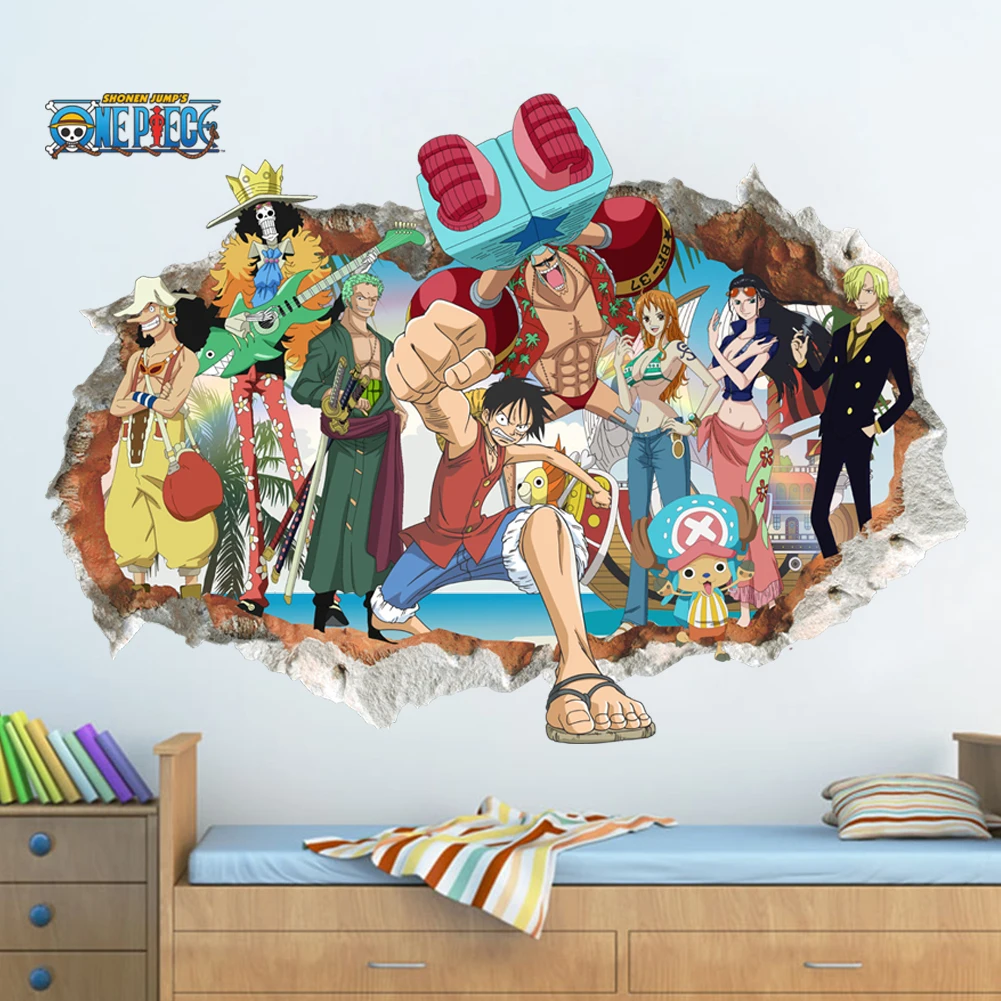 

Cartoon anime poster Luffy Broken wall 3d effect wall stickers for kids room Wall decals One Piece Posters kids Gift Mural