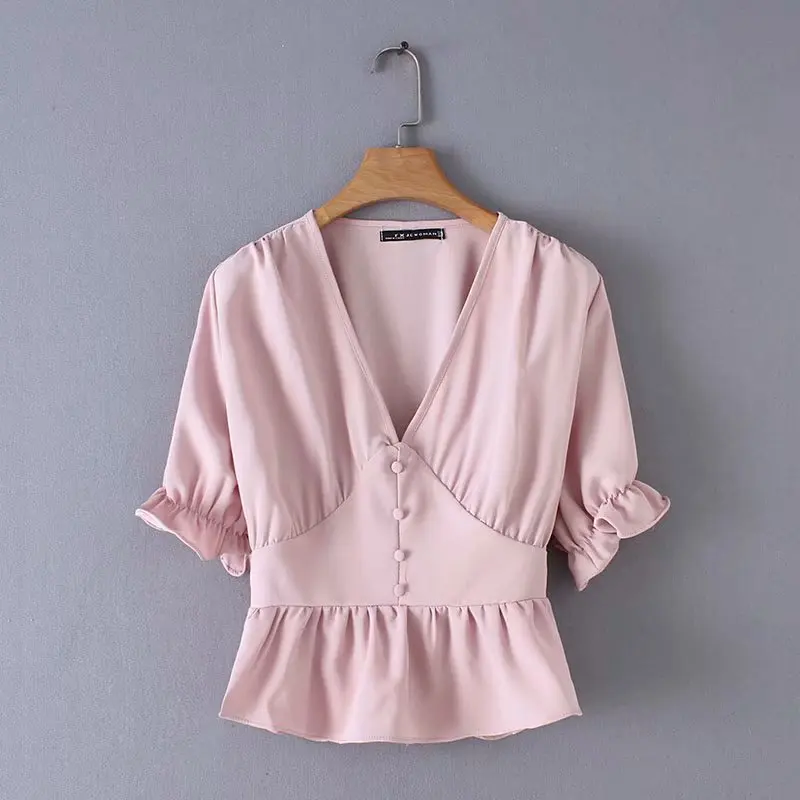 

2019 women fashion sweet v neck candy color ruffles blouse shirt women short sleeve buckles chemise femininas blusas tops