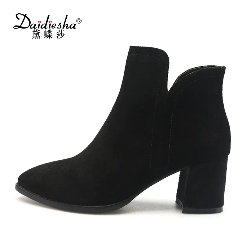 

Daidiesha Genuine Leather Women Boots Natural Suede Leather Ankle Boots for Women Fashion Square Toe Thick High Heel Ladies Shoe