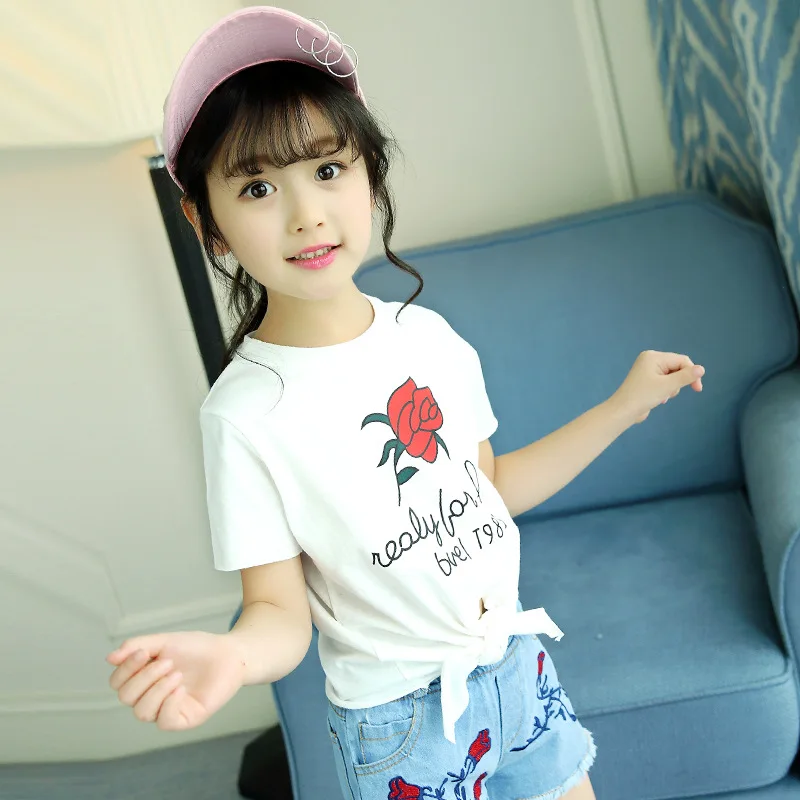 

Girls cotton printed rose T-shirt 2019 summer baby white split split short-sleeved shirt 3-14 years baby girl clothes