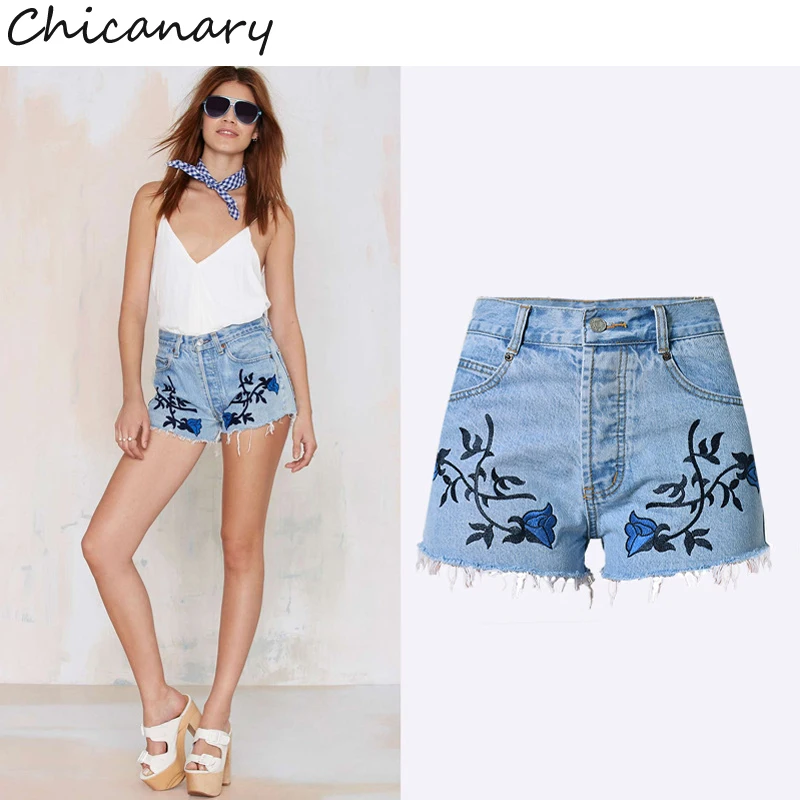 Chicanary Europe Embroidery 3D Floral Print Raw Hem Vintage Denim Jeans Shorts High Waist Women Summer