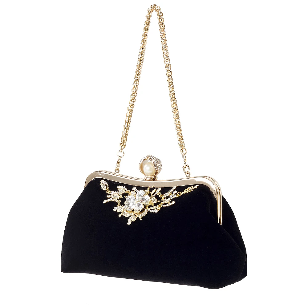 ICON Female Diamond Pearl Handbag Vintage Crystal Flower Evening Bag Wedding Party Bride Clutch Bag Purse