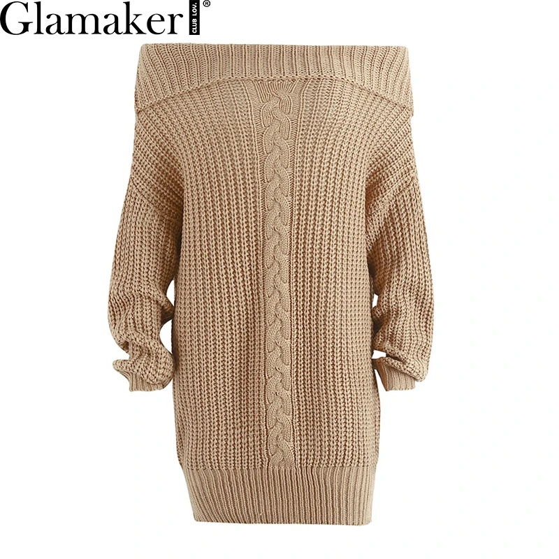Glamaker Off shoulder knitted sweater dress women Knitting oversized short dress 2018 Spring tricot jumper pullover
