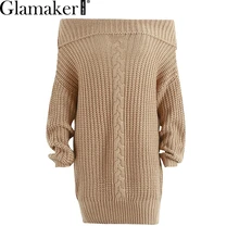 Glamaker с открытыми плечами вязаный свитер платье женщины Вязание негабаритных короткое платье 2018 Весна Трикотажная Джемпер Пуловер женский